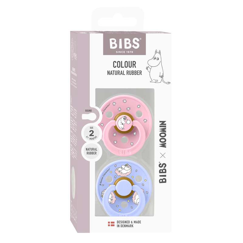 BIBS Rund Colour Sut - 2-Pak - Str. 2 - Naturgummi - Moomin - Dreaming - Baby Pink Mix