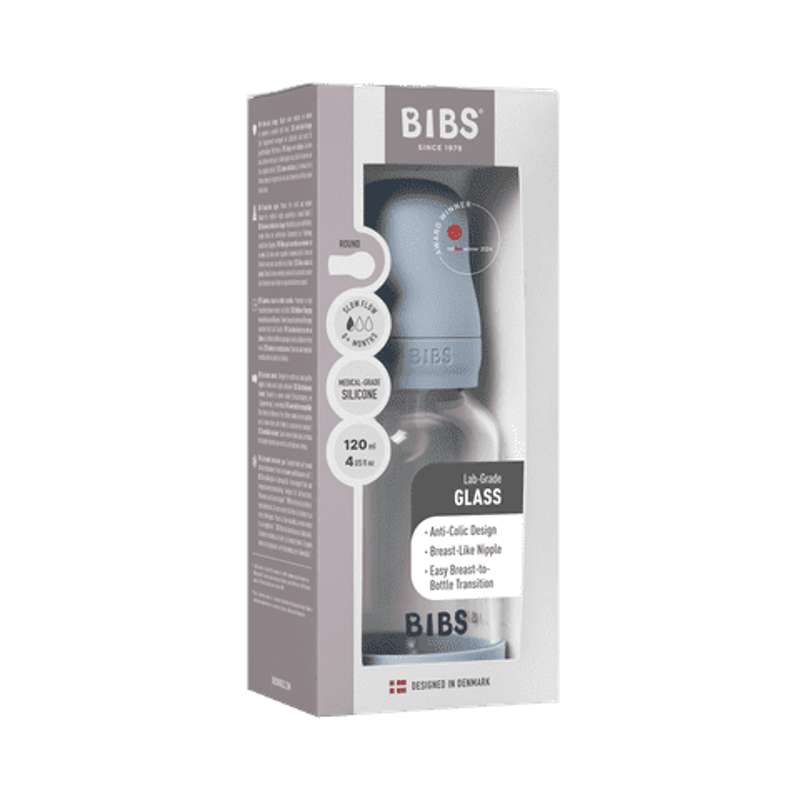 BIBS Bottle - Sutteflaskesæt - Glas - Silikone/Slow Flow/Rund - 120 ml. - Baby Blue