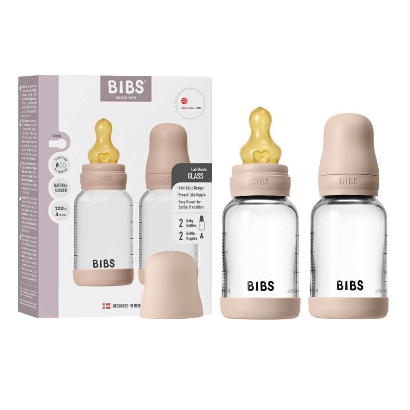 BIBS Bottle - Sutteflaskesæt - Glas - 2-pak - Naturgummi/Slow Flow/Rund - 120ml - Blush