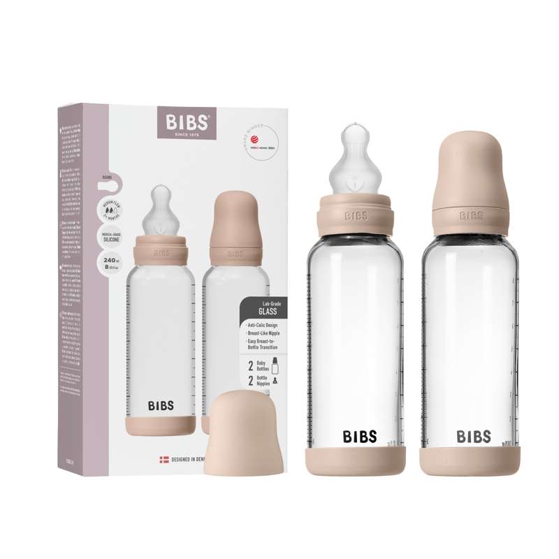 BIBS Bottle - Sutteflaskesæt - Glas - 2-pak - Silikone/Slow Flow/Rund - 240ml - Blush