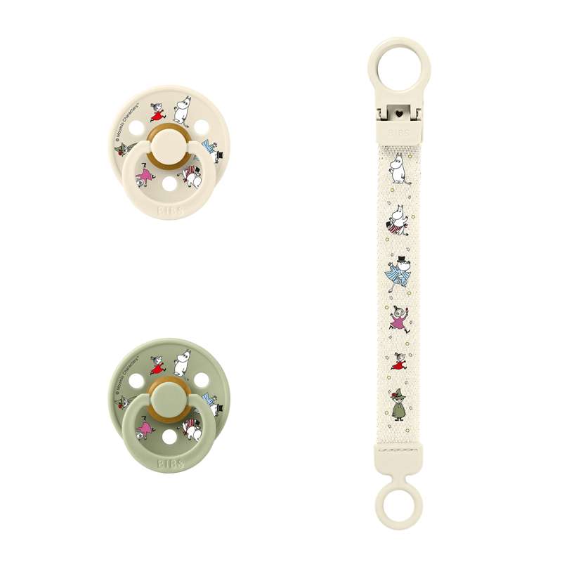 BIBS Rund Colour Sut - 2-Pak - Str. 2 - Naturgummi - m. Suttesnor - Moomins - Ivory/Sage