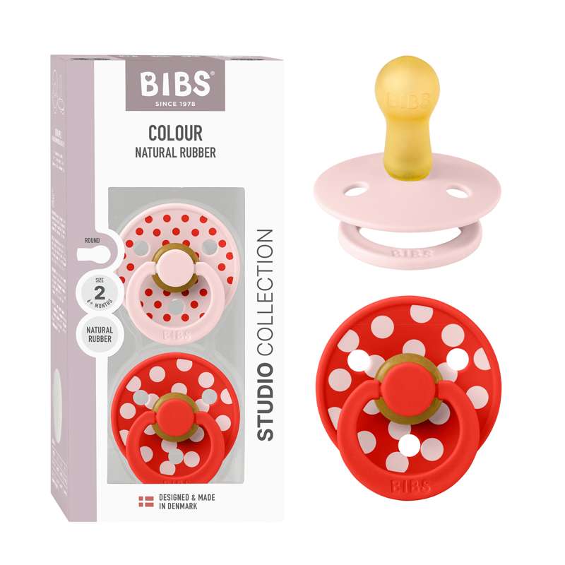 BIBS Rund Colour Sut - 2-Pak - Str. 2 - Naturgummi - Polka Studio - Blossom/Candy Apple