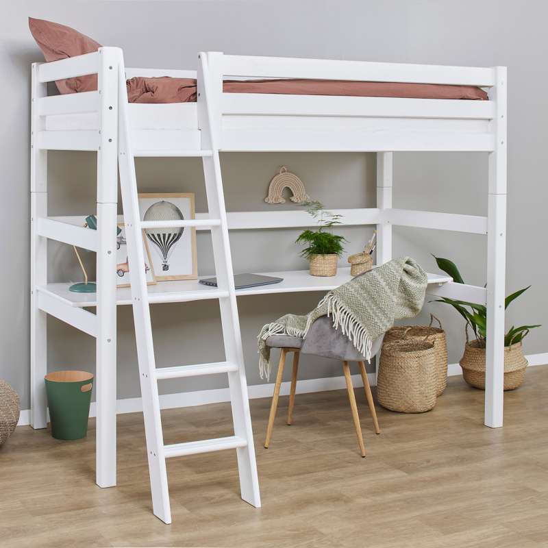 Hoppekids ECO Luxury - Højseng m. Bordplade - 90x200 cm. - Skrå Stige - Hvid