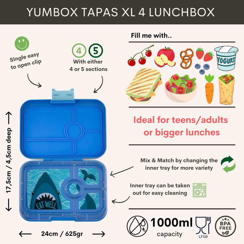 Yumbox Madkasse - Tapas XL - 4 rum - Jurassic Green/Shark